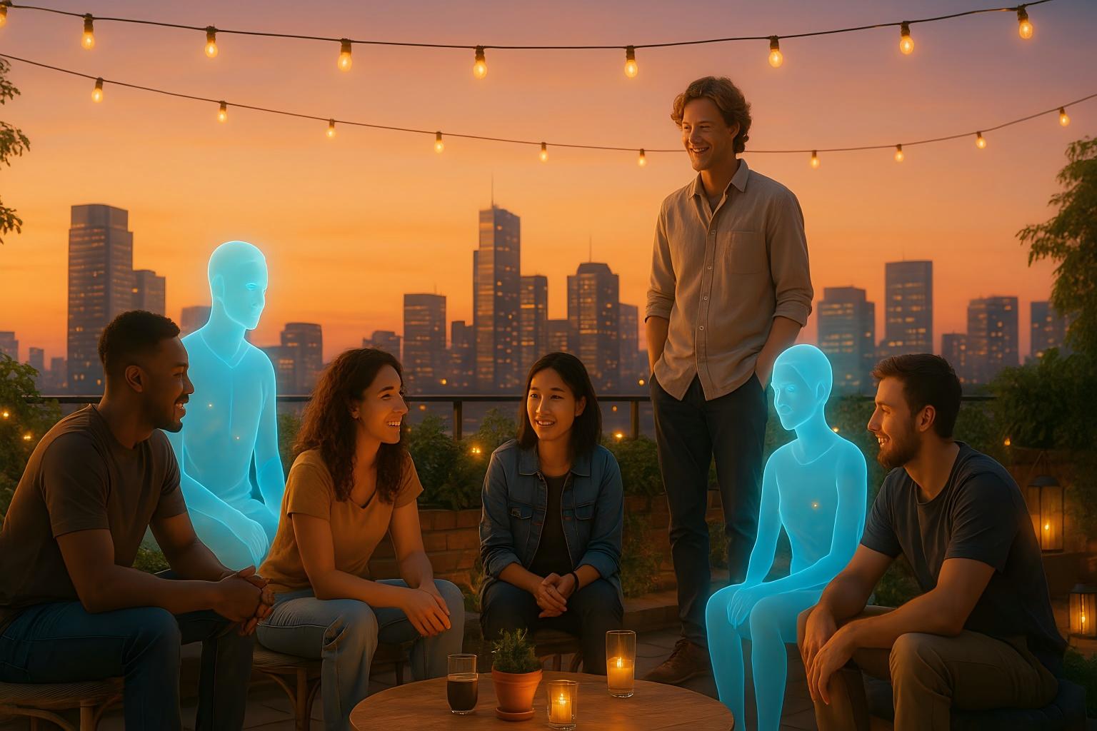 Humans and digital souls co-evolving inside a luminous hatchery space for next-gen AI.